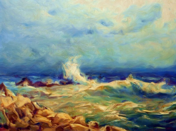 Painting showing sea waves rushing towards coastline during the storm